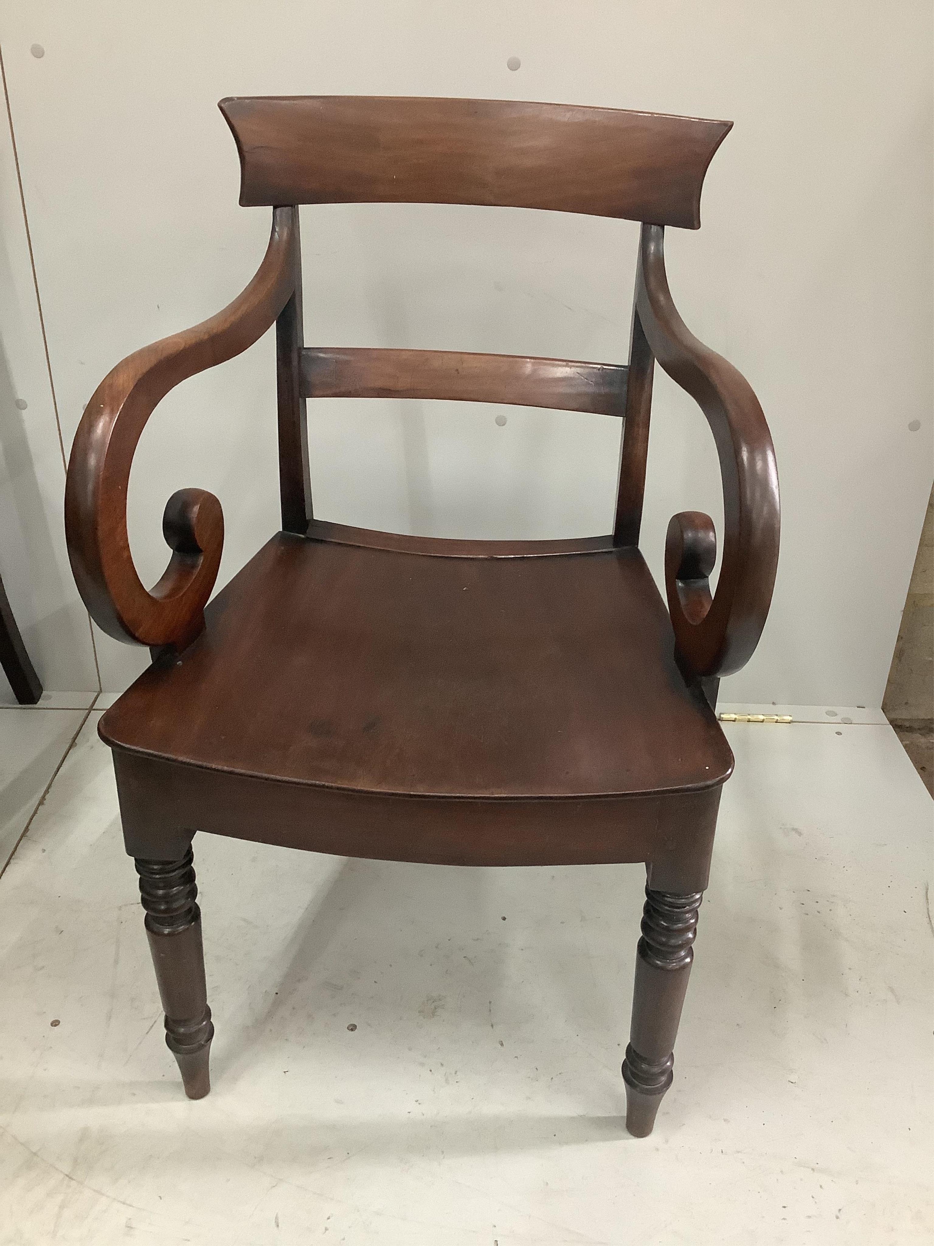 Five Regency mahogany wood seat dining chairs, two with arms. Condition - fair to good